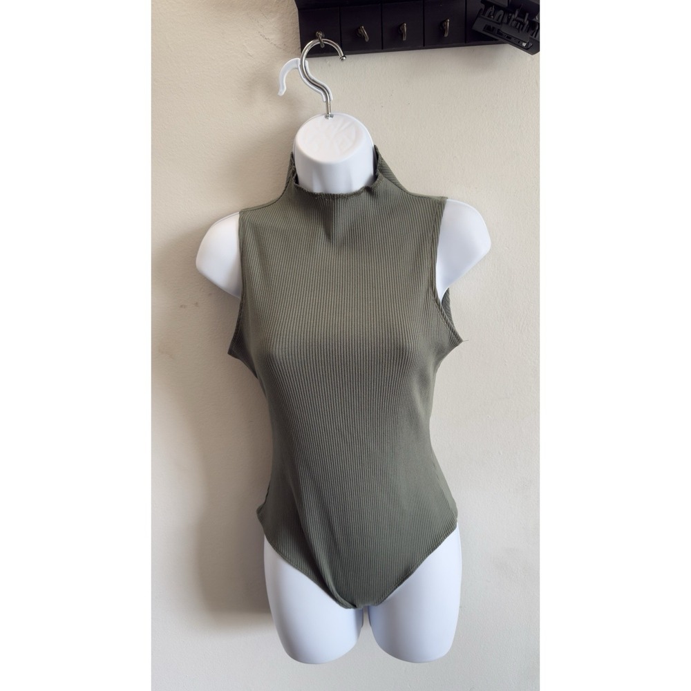 Fashion Nova Olive Green Ribbed Mock Neck Sleeveless Bodysuit Top Womens